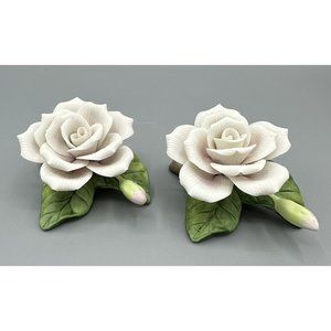 Vintage 1989 Enesco Porcelain White Gardenia Open Bloom Flower Bud Handpainted